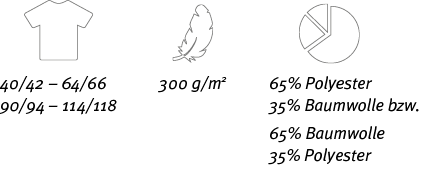 40 42   64 66 90 94   114 118,65% Polyester 35% Baumwolle bzw  65% Baumwolle 35% Polyester,300 g m2 
