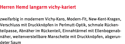 Herren Hemd langarm vichy kariert zweifarbig in modernem Vichy Karo, Modern Fit, New Kent Kragen, Verschluss mit Druc...