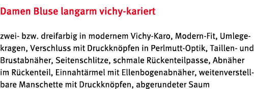 Damen Bluse langarm vichy kariert zwei bzw. dreifarbig in modernem Vichy Karo, Modern Fit, Umlegekragen, Verschluss m...