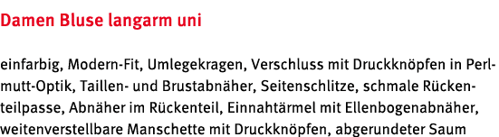 Damen Bluse langarm uni einfarbig, Modern Fit, Umlegekragen, Verschluss mit Druckkn pfen in Perl mutt Optik, Taillen ...