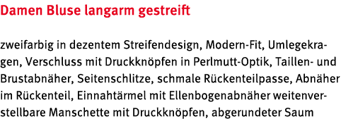 Damen Bluse langarm gestreift zweifarbig in dezentem Streifendesign, Modern Fit, Umlegekragen, Verschluss mit Druckkn...