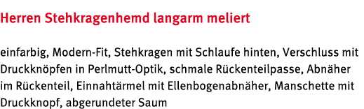 Herren Stehkragenhemd langarm meliert einfarbig, Modern Fit, Stehkragen mit Schlaufe hinten, Verschluss mit Druckkn p...