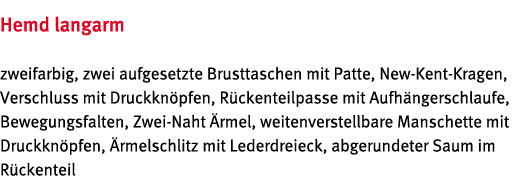 Hemd langarm zweifarbig, zwei aufgesetzte Brusttaschen mit Patte, New-Kent-Kragen, Verschluss mit Druckkn pfen, R cke   