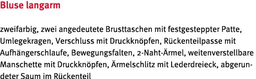 Bluse langarm zweifarbig, zwei angedeutete Brusttaschen mit festgesteppter Patte, Umlegekragen, Verschluss mit Druckk   