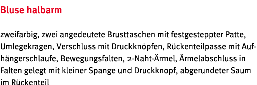 Bluse halbarm zweifarbig, zwei angedeutete Brusttaschen mit festgesteppter Patte, Umlegekragen, Verschluss mit Druckk   