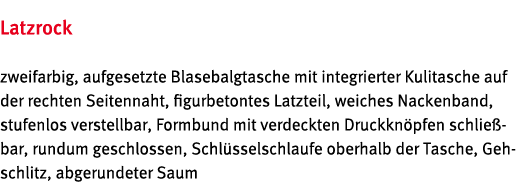 Latzrock zweifarbig, aufgesetzte Blasebalgtasche mit integrierter Kulitasche auf der rechten Seitennaht, figurbetonte   