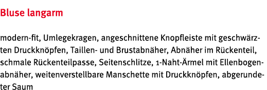 Bluse langarm modern-fit, Umlegekragen, angeschnittene Knopfleiste mit geschw rzten Druckkn pfen, Taillen- und Brusta   