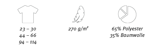 ￼,￼,￼,23 – 30 44 – 66 94 – 114,270 g/m2,65% Polyester 35% Baumwolle