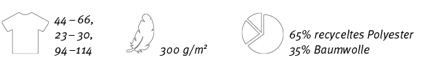 ￼,44 – 66, 23 – 30, 94 –114,￼,300 g/m2,￼,65% recyceltes Polyester 35% Baumwolle