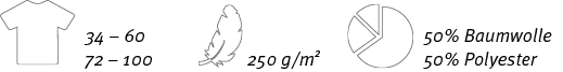 50% Baumwolle 50% Polyester,34 – 60 72 – 100 ,250 g/m2 