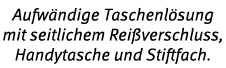 Aufw ndige Taschenl sung mit seitlichem Rei verschluss, Handytasche und Stiftfach 