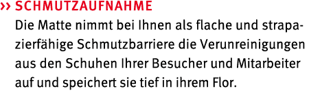   Schmutzaufnahme Die Matte nimmt bei Ihnen als flache und strapazierf hige Schmutzbarriere die Verunreinigungen aus...