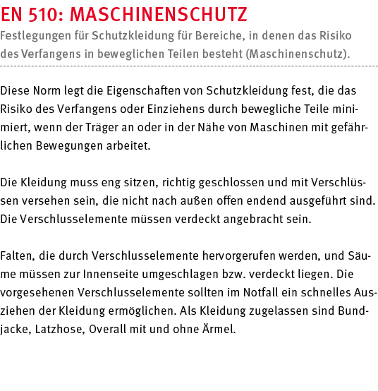 EN 510: Maschinenschutz Festlegungen für Schutzkleidung für Bereiche, in denen das Risiko des Verfangens in beweglich   