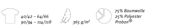 ￼,40/42 – 64/66 90/94 – 114/118,￼,365 g/m2,￼,75% Baumwolle 25% Polyester Proban®