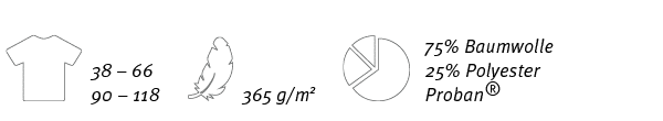 ￼,38 – 66 90 – 118,￼,365 g/m2,￼,75% Baumwolle 25% Polyester Proban®