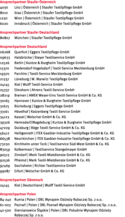 Ansprechpartner Staufer sterreich 4030 Linz |  sterreich | Staufer Textilpflege GmbH 8010 Graz |  sterreich | Staufe...