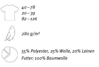 ￼,40 – 78 20 – 39 82 – 126,,￼,280 g/m²,￼,55% Polyester, 25% Wolle, 20% Leinen Futter: 100% Baumwolle