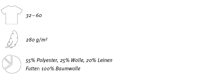 ￼,32 – 60,,￼,280 g/m²,￼,55% Polyester, 25% Wolle, 20% Leinen Futter: 100% Baumwolle