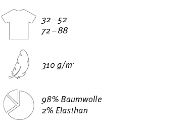 ￼,32 – 52 72 – 88,,￼,310 g/m2,￼,98% Baumwolle 2% Elasthan