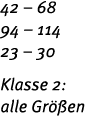 42 – 68 94 – 114 23 – 30 Klasse 2: alle Gr en