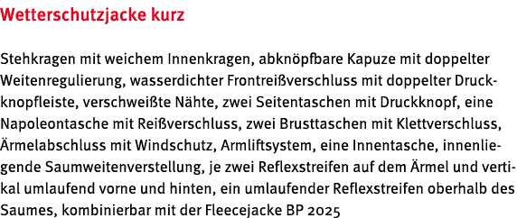 Wetterschutzjacke kurz Stehkragen mit weichem Innenkragen, abkn pfbare Kapuze mit doppelter Weitenregulierung, wasser...