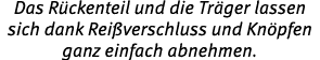 Das R ckenteil und die Tr ger lassen sich dank Rei verschluss und Kn pfen ganz einfach abnehmen.
