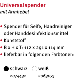 Universalspender mit Armhebel    Spender f r Seife, Handreiniger oder Handdesinfektionsmittel   Kunststoff   B x H x    