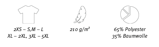 ￼,￼,￼,2XS – S,M – L XL – 2XL, 3XL – 5XL,210 g/m2,65% Polyester 35% Baumwolle